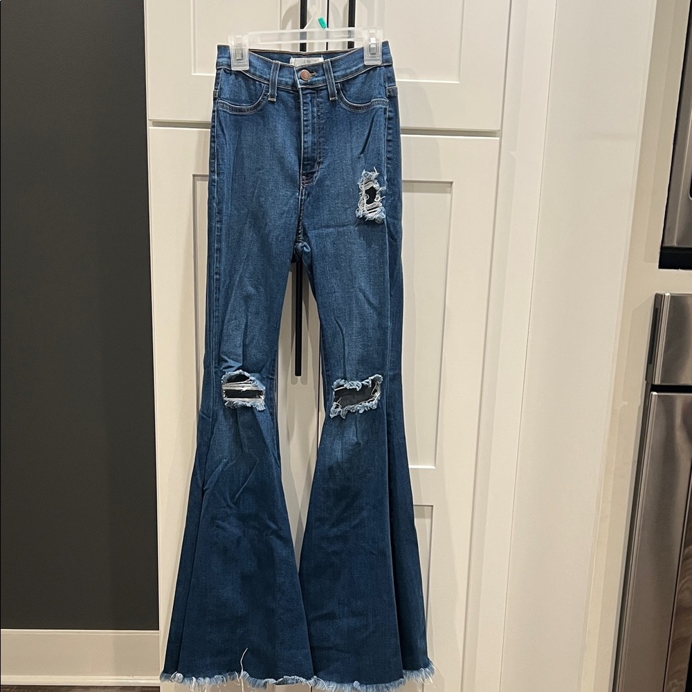 Vibrant Blue Distressed Flare Jeans